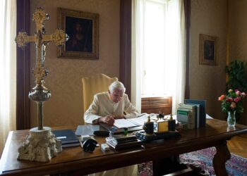 Pope Benedict XVI is pictured at his desk in the papal residence at Castel Gandolfo, Italy, in this 2010 photo. (CNS photo/Vatican Media)