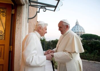 Retired Pope Benedict XVI is pictured in a 2013 file photo greeting Pope Francis at the Mater Ecclesiae monastery at the Vatican. (CNS photo/L'Osservatore Romano via Reuters)