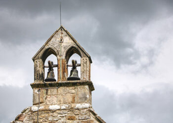 Old church bell tower with a grey sky in the background in north yorkshire