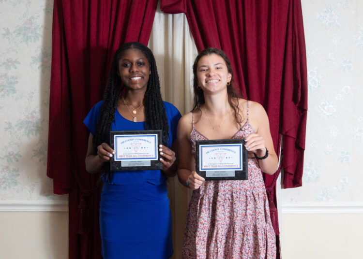 Photo by Joe Warner
Gloucester Catholic High School’s Jahzara Green, left, and Macie Nugent take a photo with their Tri-County Conference all-star awards in May.