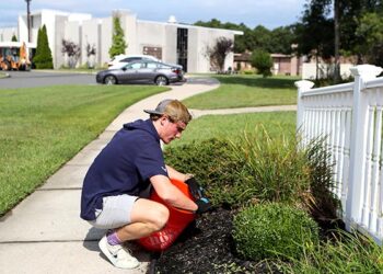 Teenagers volunteer their time cleaning up brush at Holy Cross Cemetery in Mays Landing during the annual Summer in the City immersion experience, Friday, Aug. 18, 2023. (Lori M. Nichols for Catholic Star Herald)