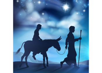 A nativity Christmas illustration of the the Virgin Mary and Joseph with donkey on their journey and the star of Bethlehem in the background