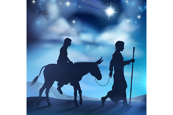 A nativity Christmas illustration of the the Virgin Mary and Joseph with donkey on their journey and the star of Bethlehem in the background