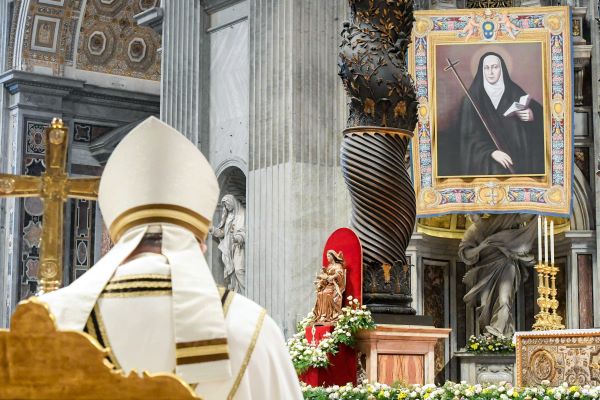 Pope Francis prays during the Mass for the canonization of St. Maria Antonia de Paz Figueroa, known as Mama Antula, in St. Peter's Basilica at the Vatican Feb. 11, 2024. She is the first female saint from Argentina. (CNS photo/Vatican Media)