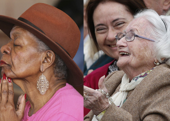 An elderly woman reacts as she meets Pope Francis during his general audience in St. Peter's Square at the Vatican in this March 22, 2017, file photo. The Pope's Worldwide Prayer Network released a video June 30, 2022, of the pope offering his prayer intention for the month of July dedicated to the elderly. (CNS photo/Paul Haring)