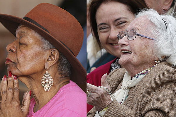 An elderly woman reacts as she meets Pope Francis during his general audience in St. Peter's Square at the Vatican in this March 22, 2017, file photo. The Pope's Worldwide Prayer Network released a video June 30, 2022, of the pope offering his prayer intention for the month of July dedicated to the elderly. (CNS photo/Paul Haring)