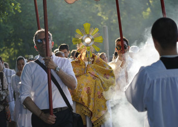Dominican Father Peter Martyr Yungwirth carries the monstrance as pilgrims journeying through the Archdiocese of New York on the National Eucharistic Pilgrimage's Seton (East) Route process through Central Park in New York City May 25, 2024. (OSV News photo/Gregory A. Shemitz)