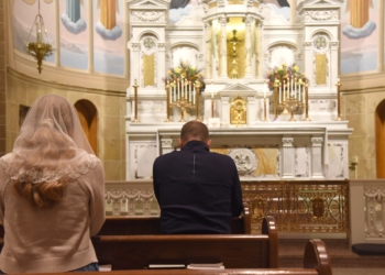 People pray in adoration of the Blessed Sacrament on Nov. 5, 2024, Election Day, at Our Lady of the Most Holy Rosary Church in Indianapolis. The parish  had eucharistic adoration available on Election Day while polls were open in Indiana, from 6 a.m.-6 p.m. (OSV News photo/Sean Gallagher, The Criterion)