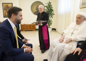 Pope Francis meets briefly with U.S. Vice President JD Vance, and his translator, in the papal residence, the Domus Sanctae Marthae, at the Vatican April 20, 2025. Pope Francis, formally Argentine Cardinal Jorge Mario Bergoglio, died April 21, 2025, at age 88. (CNS photo/Vatican Media)
