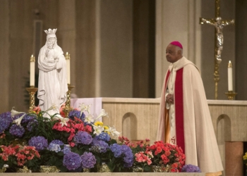 Then-Washington Archbishop Wilton D. Gregory leads a special liturgy in renewing the consecration of the U.S. to the care of our Blessed Mother at the Basilica of the National Shrine of the Immaculate Conception in Washington May 1, 2020, during the COVID-19 pandemic. (OSV News photo/Tyler Orsburn)