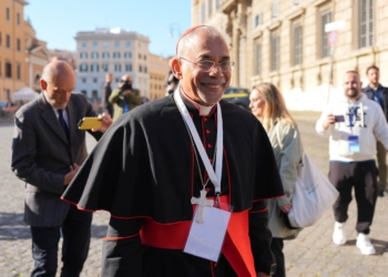 Cardinal Filipe Neri Ferrão of Goa, India, approaches the Petriano entrance of the Vatican next to St. Peter's Square to attend the first general congregation meeting in the New Synod Hall at the Vatican April 30, 2025. (CNS photo/Lola Gomez)