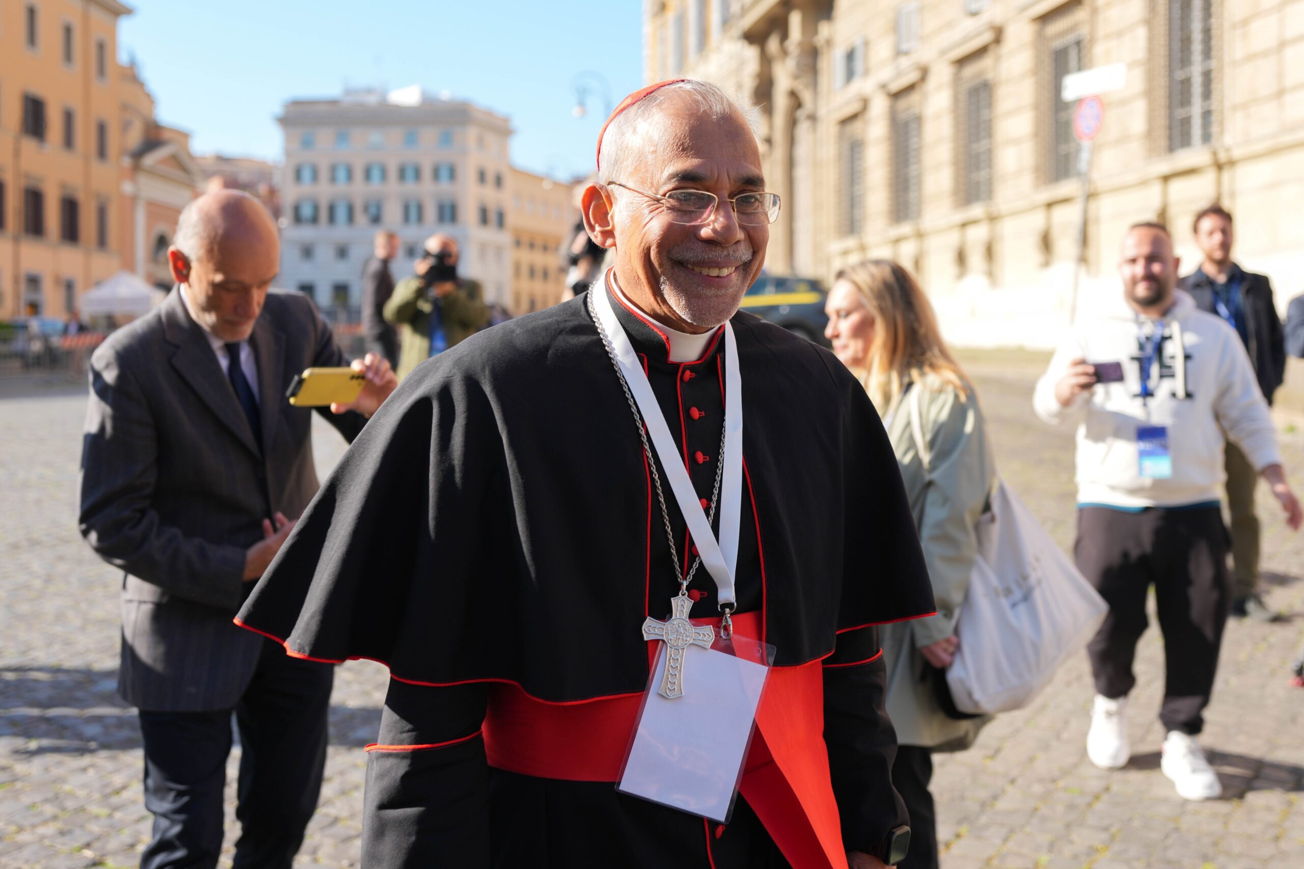 Cardinal Filipe Neri Ferrão of Goa, India, approaches the Petriano entrance of the Vatican next to St. Peter's Square to attend the first general congregation meeting in the New Synod Hall at the Vatican April 30, 2025. (CNS photo/Lola Gomez)