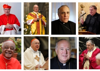 The eleven U.S. cardinal electors who will voting in the upcoming papal conclave at the Vatican are pictured in a combination photo. Pictured clockwise are  Cardinals Christophe Pierre, apostolic nuncio to the United States, 79, New York Cardinal Timothy M. Dolan, 75, Daniel DiNardo of Galveston-Houston, 75, Joseph W. Tobin of Newark, N.J., 73, Cardinal Wilton D. Gregory, retired archbishop of Washington, 77, Cardinal Kevin J. Farrell, prefect of the Dicastery for Laity, the Family and Life, 77, Robert W. McElroy of Washington, 71, Raymond L. Burke, 76, Blase J. Cupich of Chicago, 76, Robert F. Prevost, 69, prefect of the Dicastery for Bishops under Pope Francis, and James M. Harvey, 75, archpriest of Rome's Basilica of St. Paul Outside the Walls. (OSV News photo/OSV News/CNS)
