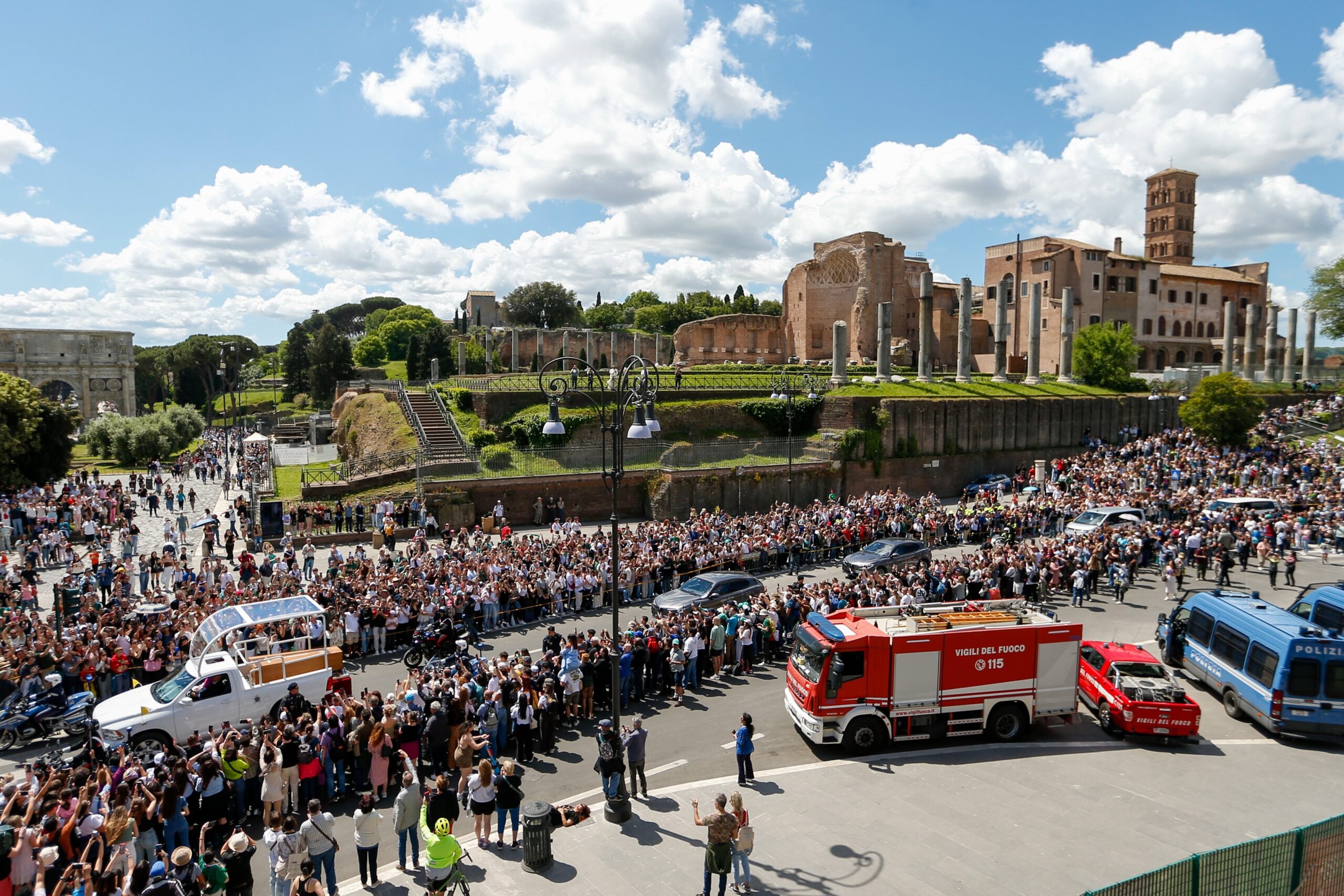 Pope Francis is driven past the Colosseum on its way toward his burial place in the Basilica of St. Mary Major in Rome April 26, 2025. (CNS photo/Justin McLellan)