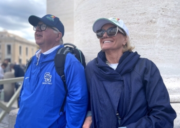Chuck and Annette Walker, from the Archdiocese of Los Angeles, await smoke near St. Peter's Square on the morning of May 8, 2025. The smoke eventually came, and was black, meaning no pope had been chosen. (OSV News photo/Gretchen R. Crowe)