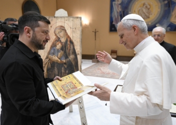 Pope Leo XIV greets Ukrainian President Volodymyr Zelenskyy during a meeting at the Vatican May 18, 2025.