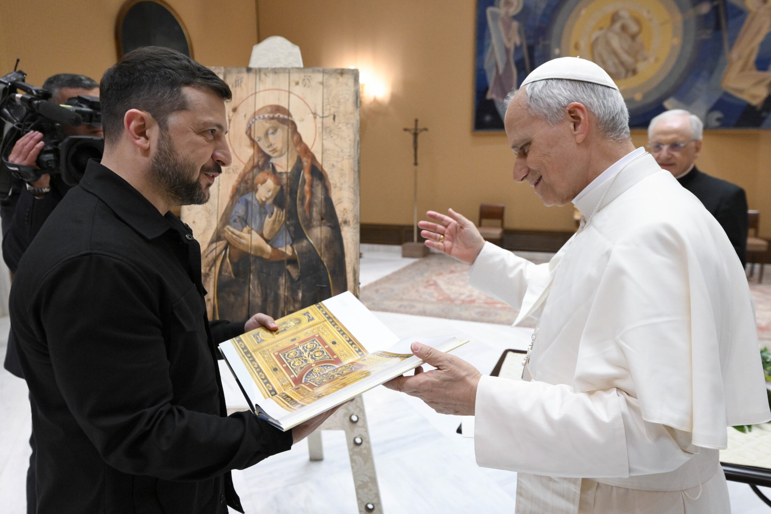 Pope Leo XIV greets Ukrainian President Volodymyr Zelenskyy during a meeting at the Vatican May 18, 2025.