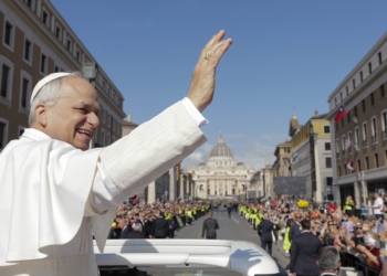 Pope Leo XIV enters St. Peter's Square on the popemobile before his installation Mass at the Vatican May 18, 2025. (CNS photo/Vatican Media)