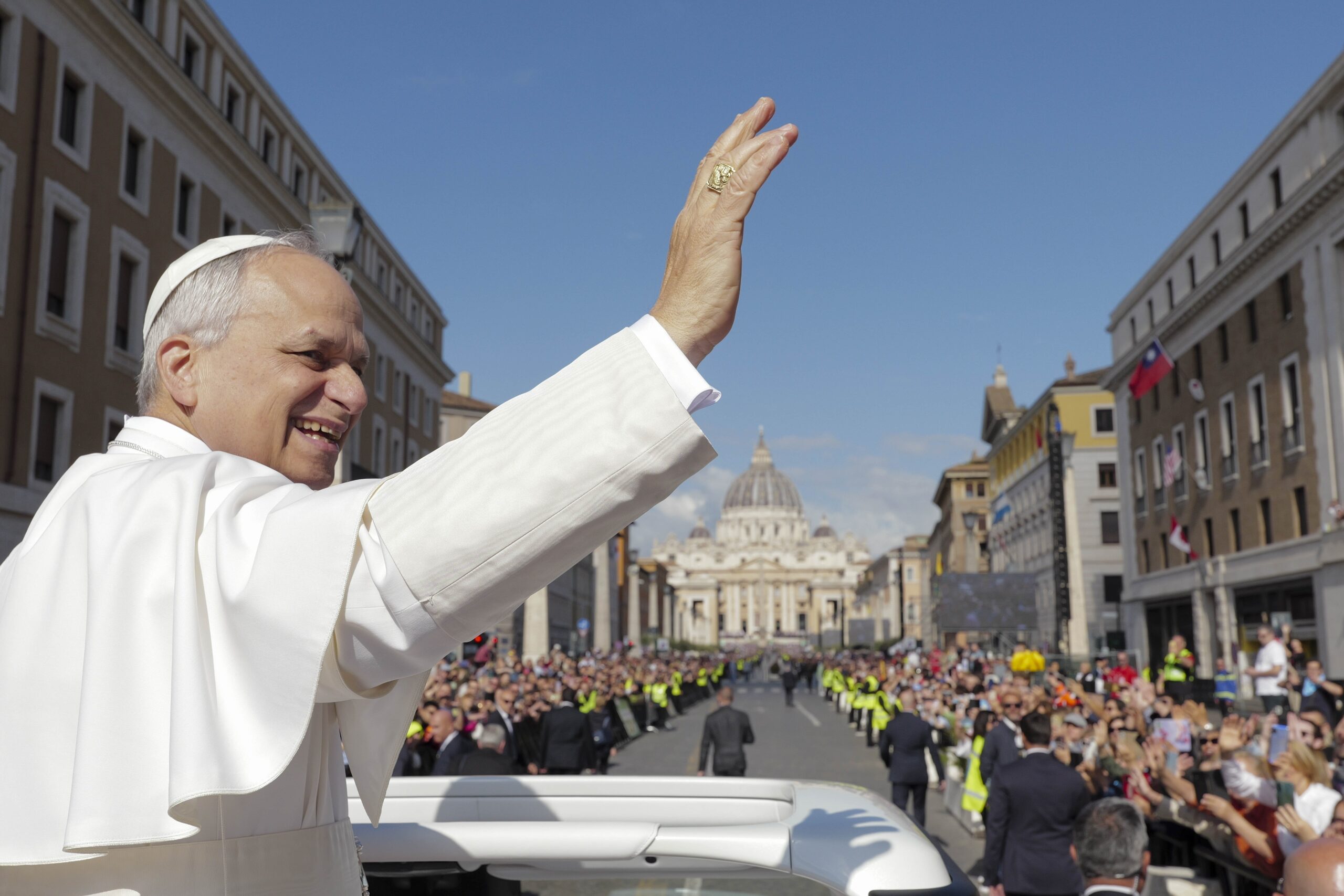 Pope Leo XIV enters St. Peter's Square on the popemobile before his installation Mass at the Vatican May 18, 2025. (CNS photo/Vatican Media)