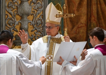 Pope Leo XIV leads his first Mass as pontiff in the Sistine Chapel at the Vatican May 9, 2025. Pope Leo, formerly Cardinal Robert Francis Prevost, became the first American pope in history the previous day. (OSV News photo/Mario Tomassetti, Vatican media via Reuters)