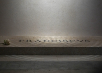 The name “Franciscus” is seen engraved on the tomb of Pope Francis inside the Basilica of St. Mary Major in Rome April 27, 2025. (CNS photo/Lola Gomez)