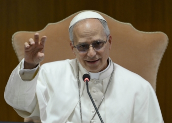 Pope Leo XIV speaks with the College of Cardinals in the New Synod Hall at the Vatican May 10, 2025, during his first formal address to the college since his election May 8. (CNS photo/Vatican Media)