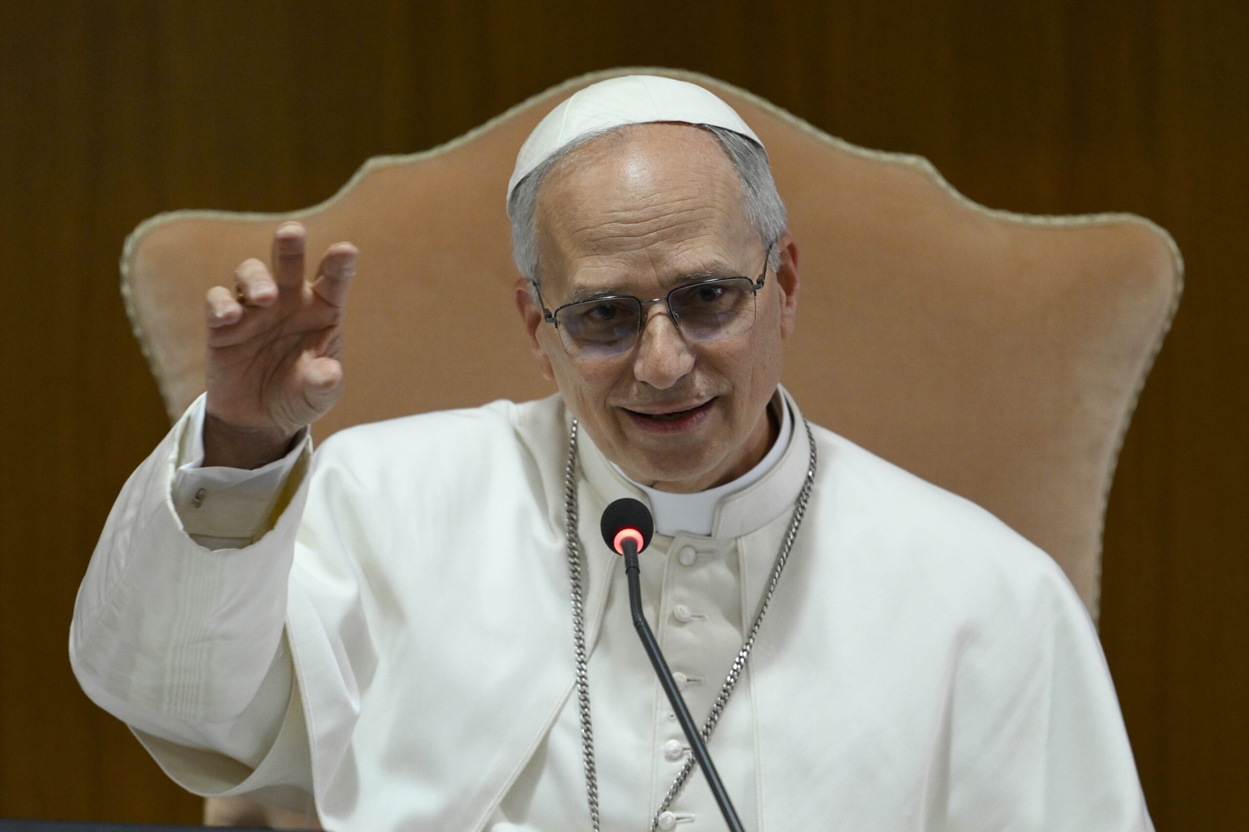 Pope Leo XIV speaks with the College of Cardinals in the New Synod Hall at the Vatican May 10, 2025, during his first formal address to the college since his election May 8. (CNS photo/Vatican Media)