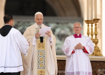 Pope Leo XIV, formerly Cardinal Robert Francis Prevost, speaks as he celebrates his inauguration Mass at the Vatican May 18, 2025. He is the first American pope in history. (OSV News photo/Claudia Greco, Reuters)