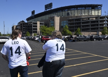 Fans don Pope Leo XIV jerseys outside Rate Field baseball stadium in Chicago, May 11, 2025, before a game between the Chicago White Sox and the Miami Marlins. The Chicago-born pontiff was elected the first American pope in history at the Vatican May 8. (OSV News photo/Carlos Osorio, Matt Marton-Imagn Images via Reuters) Mandatory Credit