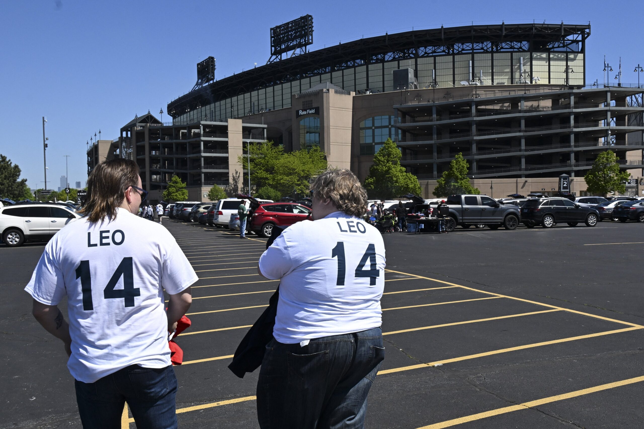 Fans don Pope Leo XIV jerseys outside Rate Field baseball stadium in Chicago, May 11, 2025, before a game between the Chicago White Sox and the Miami Marlins. The Chicago-born pontiff was elected the first American pope in history at the Vatican May 8. (OSV News photo/Carlos Osorio, Matt Marton-Imagn Images via Reuters) Mandatory Credit