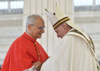 Pope Francis greets then-Cardinal Robert F. Prevost during a consistory in St. Peter's Square at the Vatican Sept. 30, 2023. U.S.-born Cardinal Prevost became the first American pope in history when he was elected at the Vatican May 8, 2025, choosing the papal name Leo XIV. He succeeded Pope Francis, who died at age 88 April 21, 2025. (CNS photo/Vatican Media)