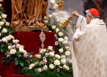 Incense is used to venerate the relics of Argentine St. Maria Antonia de Paz Figueroa, known as Mama Antula, during canonization Mass in St. Peter's Basilica at the Vatican Feb. 11, 2024. She is the first female saint from Argentina. (CNS photo/Lola Gomez)