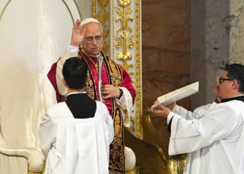 Pope Leo XIV gives his blessing at the conclusion of a visit to the Basilica of St. Paul Outside the Walls in Rome May 20, 2025. (CNS photo/Lola Gomez)