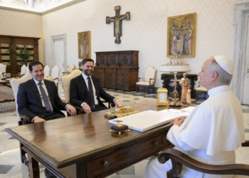 Pope Leo XIV meets with U.S. Vice President JD Vance and Secretary of State Marco Rubio in the library of the Apostolic Palace at the Vatican May 19, 2025. (CNS photo/Vatican Media)