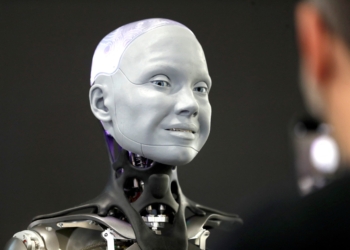 Ameca, a humanoid robot by Engineered Arts, interacts with attendees at the entrance to the UK Pavilion during CES 2022 in Las Vegas, Nevada, January 6, 2022. (OSV News photo/Steve Marcus, Reuters)