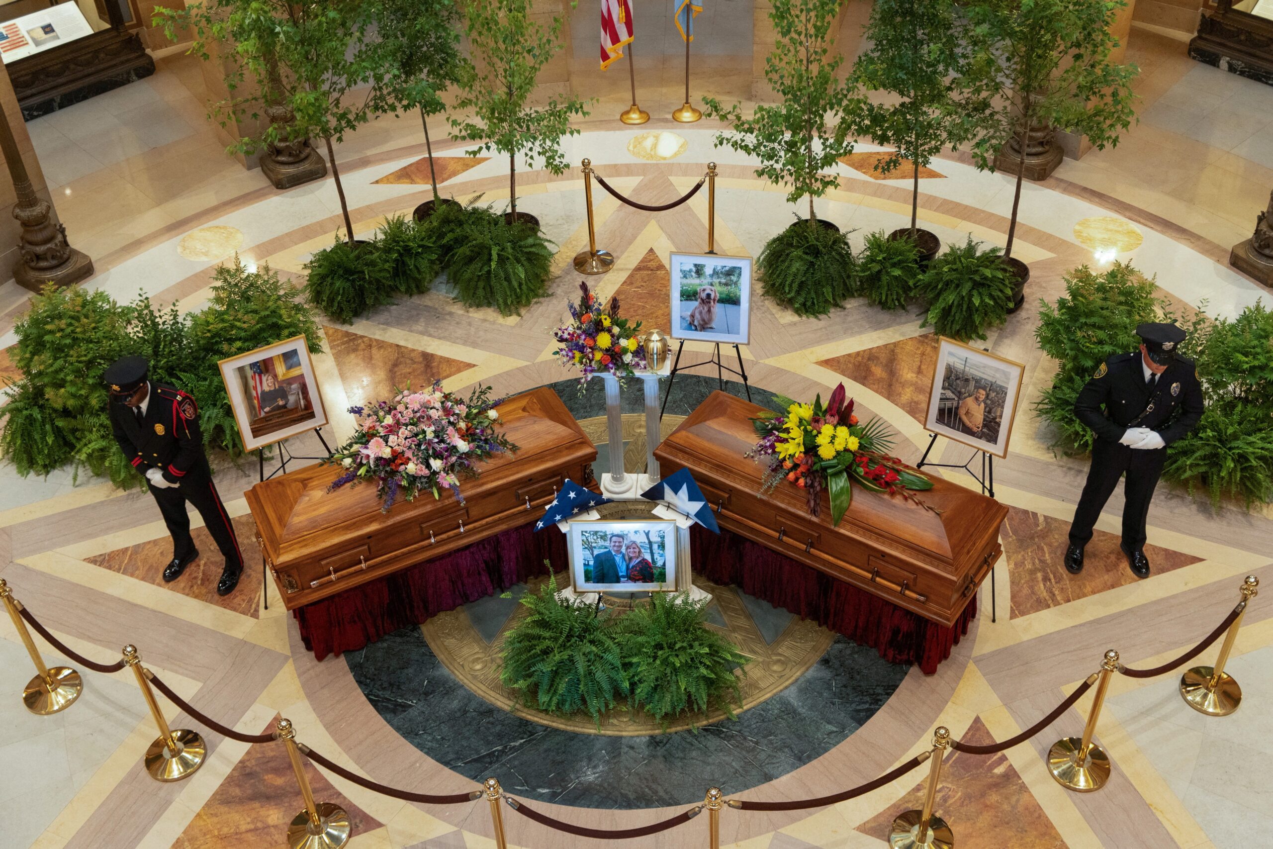 The caskets of senior Democratic state assemblywoman Melissa Hortman and her husband, Mark, lie in state June 27, 2025, at the Minnesota Capitol in St. Paul. The couple was shot dead in their home in a Minneapolis suburb June 14. A funeral Mass for them was celebrated June 28 at the Basilica of St. Mary in Minneapolis. (OSV News photo/Tim Evans, Reuters)