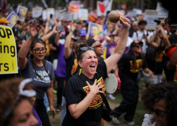 Hundreds of protesters gather for a rally at Gloria Molina Grand Park in downtown Los Angeles June 9, 2025, where civil rights and labor leaders are demanding the release of union leader David Huerta from federal detention after he was arrested during an immigration enforcement action June 6. (OSV News photo/Daniel Cole, Reuters)