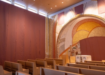 Paper covers the mosaics of Father Marko Rupnik July 23, 2024, in the Luminous Mysteries Chapel at the St. John Paul II National Shrine in Washington. (OSV News photo/Mihoko Owada)