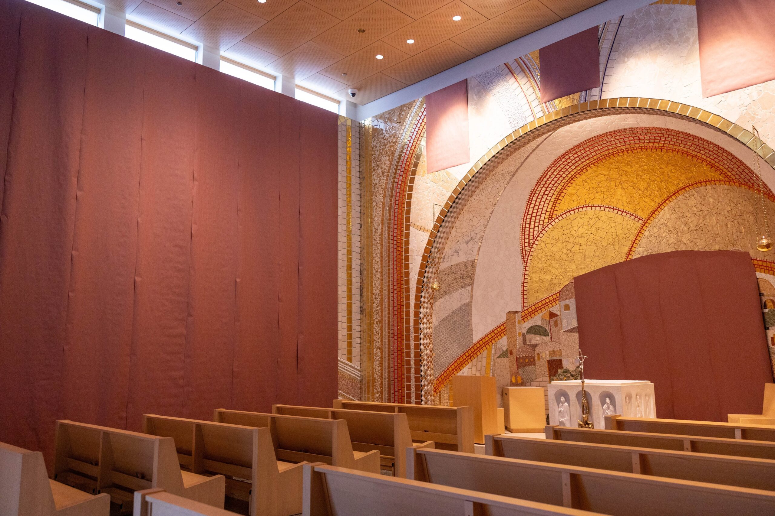 Paper covers the mosaics of Father Marko Rupnik July 23, 2024, in the Luminous Mysteries Chapel at the St. John Paul II National Shrine in Washington. (OSV News photo/Mihoko Owada)