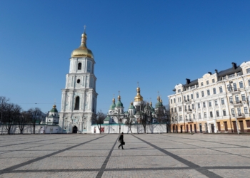 A man crosses an empty square in front of the St. Sophia Cathedral during a lockdown, imposed to prevent the spread of coronavirus disease (COVID-19), in central Kiev, Ukraine March 26, 2020.  Up to seven people were killed and up to 13 injured in a large-scale Russian drone attack on Kyiv and Odesa June 10, 2025, which also damaged the historic St. Sophia Cathedral. (OSV News photo/Valentyn Ogirenko Reuters)