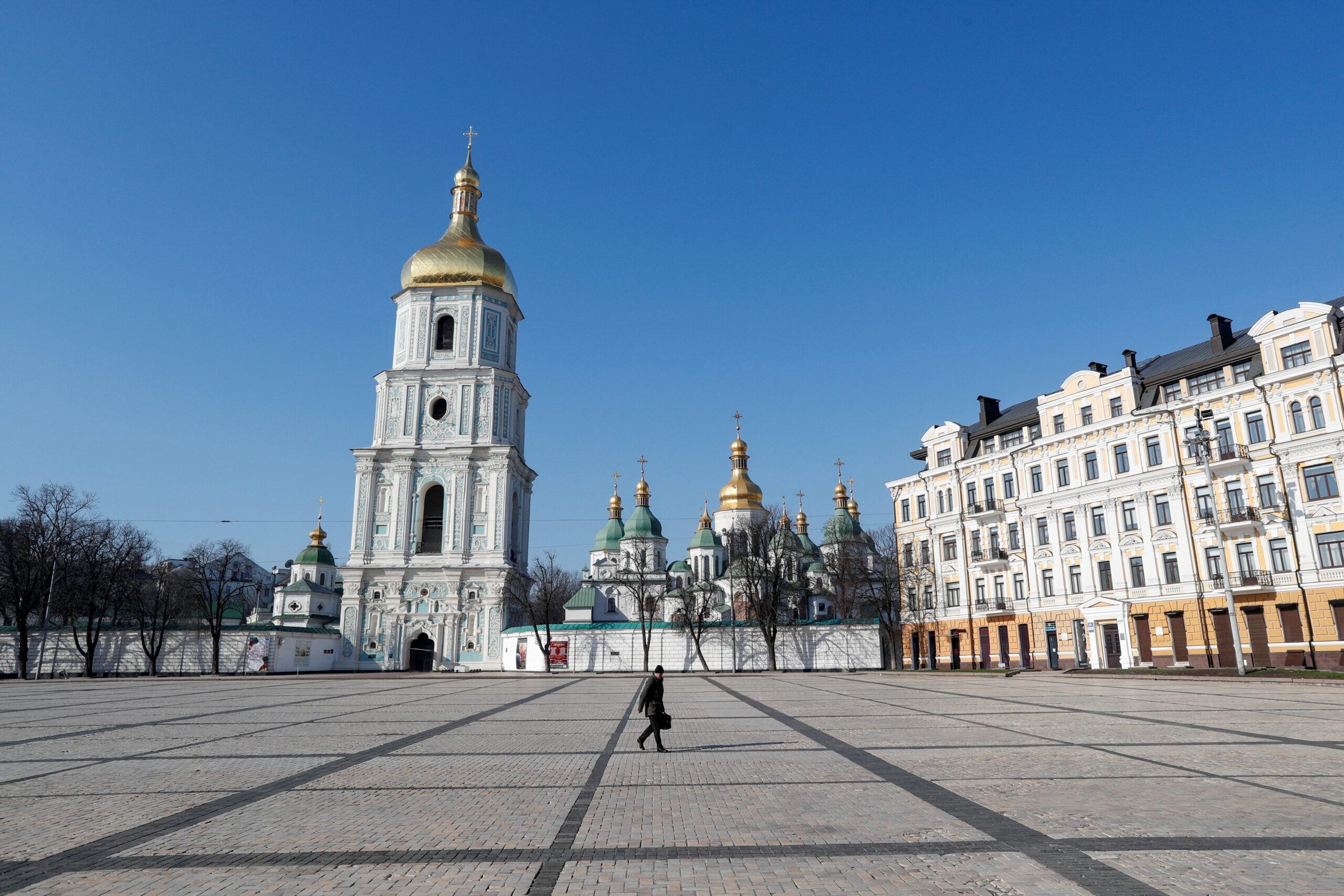 A man crosses an empty square in front of the St. Sophia Cathedral during a lockdown, imposed to prevent the spread of coronavirus disease (COVID-19), in central Kiev, Ukraine March 26, 2020.  Up to seven people were killed and up to 13 injured in a large-scale Russian drone attack on Kyiv and Odesa June 10, 2025, which also damaged the historic St. Sophia Cathedral. (OSV News photo/Valentyn Ogirenko Reuters)