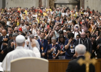 Pope Leo XIV greets participants in the Jubilee of Digital Missionaries and Catholic Influencers after Cardinal Luis Antonio Tagle celebrated Mass in St. Peter’s Basilica at the Vatican July 29, 2025. (CNS photo/Vatican Media)