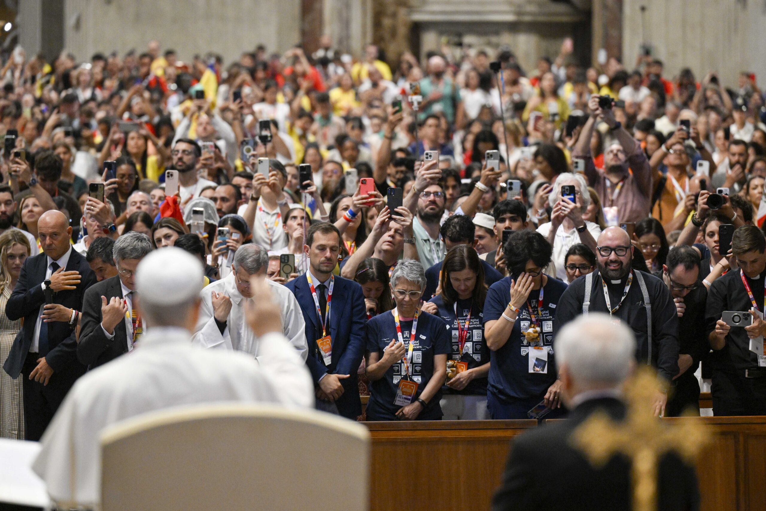 Pope Leo XIV greets participants in the Jubilee of Digital Missionaries and Catholic Influencers after Cardinal Luis Antonio Tagle celebrated Mass in St. Peter’s Basilica at the Vatican July 29, 2025. (CNS photo/Vatican Media)