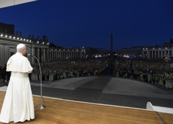 Pope Leo XIV greets visitors and pilgrims in St. Peter’s Square at the conclusion of an evening Mass celebrated by Archbishop Rino Fisichella, pro-prefect of the Dicastery for Evanglization, as part of the Jubilee of Youth at the Vatican July 29, 2025. (CNS photo/Vatican Media)