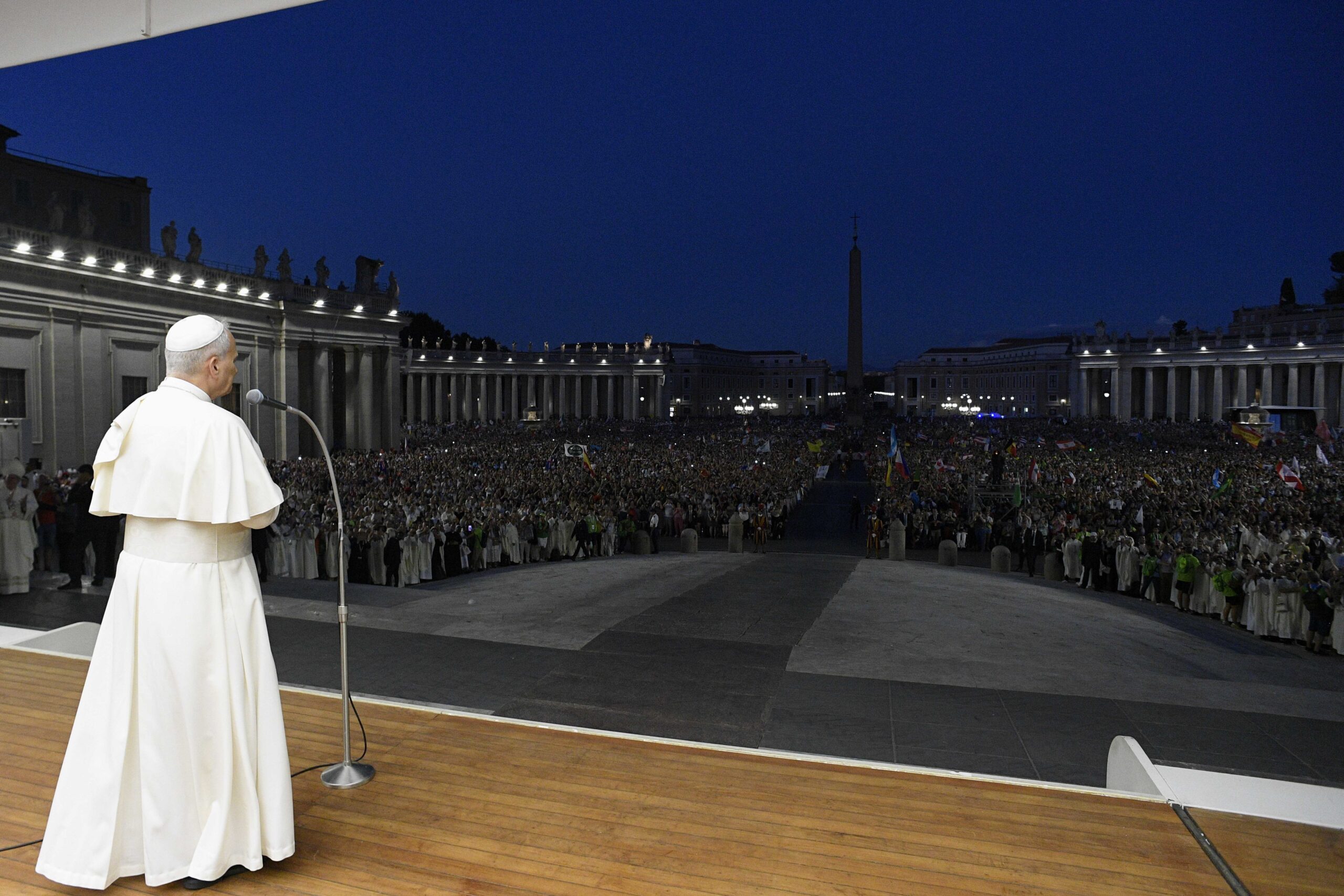 Pope Leo XIV greets visitors and pilgrims in St. Peter’s Square at the conclusion of an evening Mass celebrated by Archbishop Rino Fisichella, pro-prefect of the Dicastery for Evanglization, as part of the Jubilee of Youth at the Vatican July 29, 2025. (CNS photo/Vatican Media)