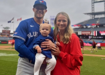 Toronto Blue Jays left fielder Will Robertson poses with his wife Morgan, and their daughter, Jonnie, after the stepped onto the field at Citizens Bank Park in Philadelphia June 11, 2025, the day of Robertson’s Major League debut with the Toronto Blue Jays against the Phillies. (OSV News photo/courtesy Dennis Kennedy)