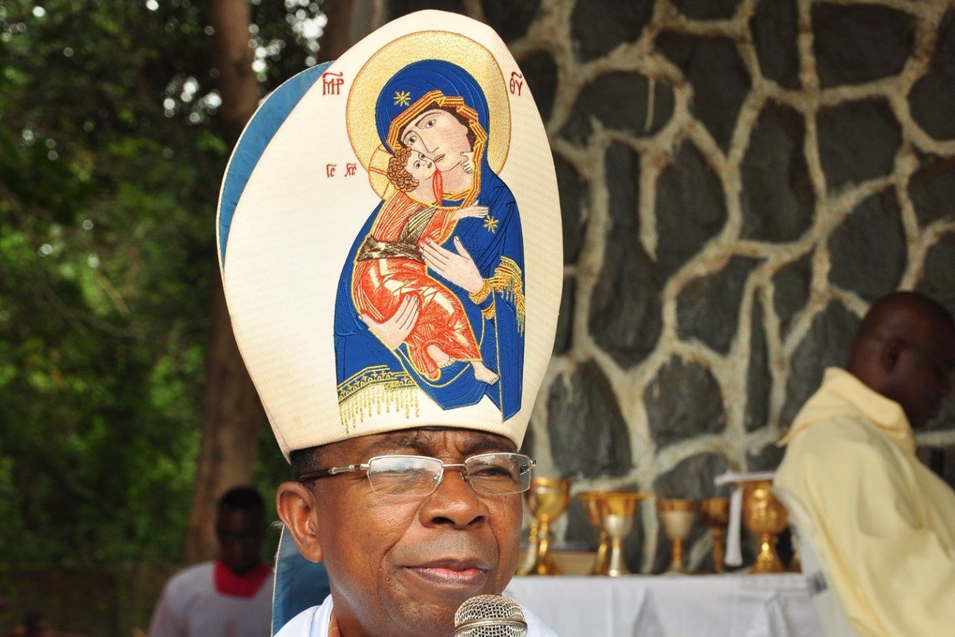 Bishop Gabriel Dunia of Auchi, Nigeria, seen on an undated photograph, has called upon all priests in the diocese to celebrate Masses, offer benediction, and lead the faithful in praying the rosary for divine protection throughout Edo state and Nigeria after gunmen stormed Immaculate Conception Minor Seminary in his diocese the night of July 10, killing a security officer and abducting three seminarians. (OSV News/courtesy Diocese of Auchi)