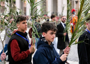 Pilgrims carry palm and olive branches as they take part in the procession at the start of Palm Sunday Mass celebrated by Cardinal Leonardo Sandri, vice dean of the College of Cardinals, in St. Peter’s Square at the Vatican April 13, 2025. (CNS photo/Lola Gomez)