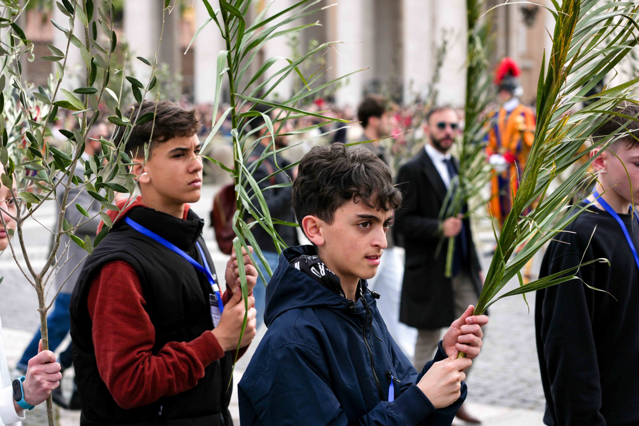 Pilgrims carry palm and olive branches as they take part in the procession at the start of Palm Sunday Mass celebrated by Cardinal Leonardo Sandri, vice dean of the College of Cardinals, in St. Peter’s Square at the Vatican April 13, 2025. (CNS photo/Lola Gomez)
