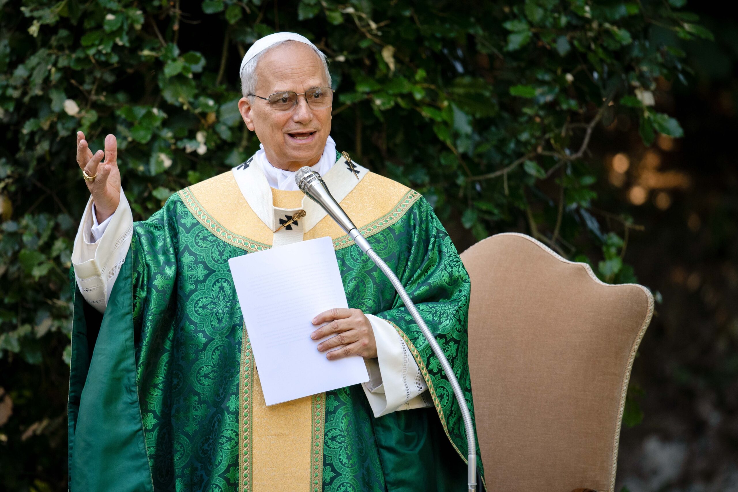 Pope Leo XIV celebrates Mass for the Care of Creation on the grounds of the Borgo Laudato Si’ ecology center in Castel Gandolfo, Italy, July 9, 2025. The vestments Pope Leo XIV is wearing were new and made by Chicago-based House of Hansen. (CNS photo/Cristian Gennari, pool)